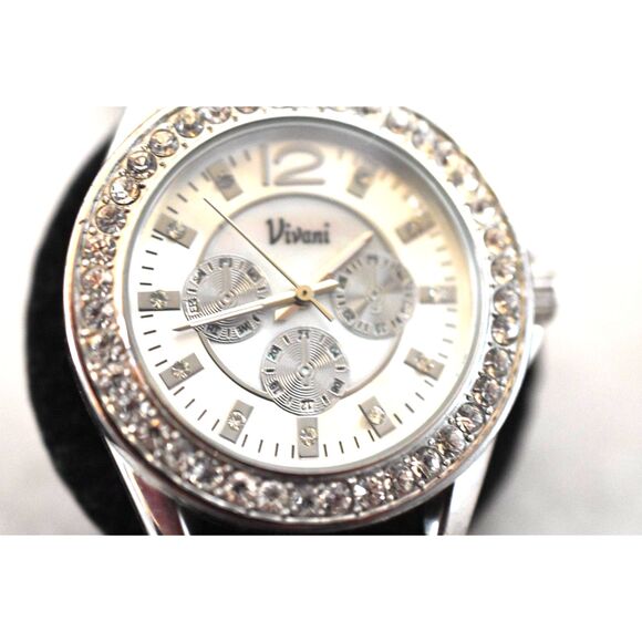 Vivani Rhinestone Accent Silver Tone Black Silicone Band New Battery Watch - Picture 2 of 5